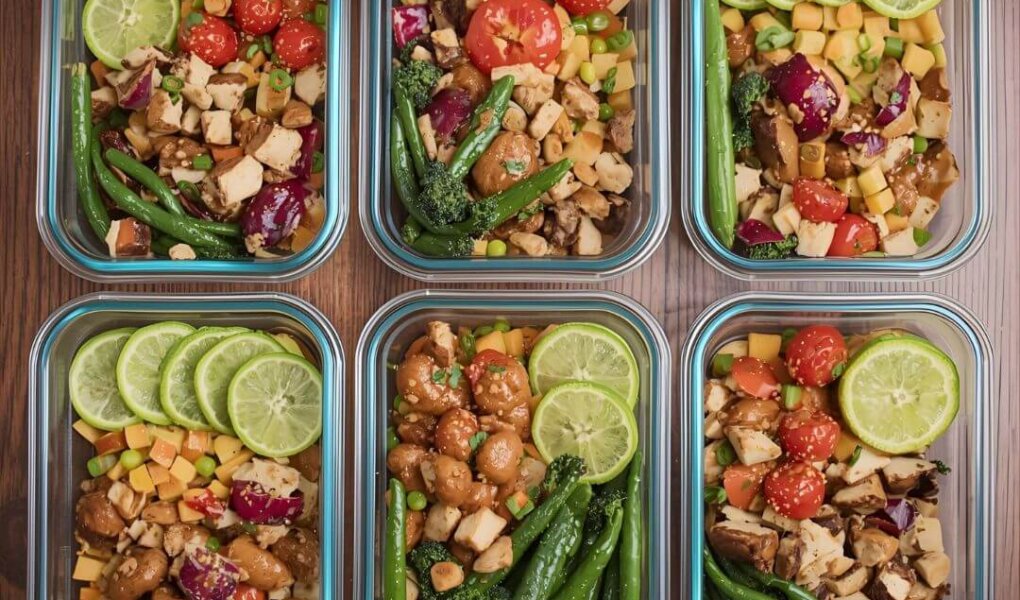 A set of organized meal prep containers filled with healthy vegetables, chicken, and fresh lime slices, showcasing Meal Prep Magic.