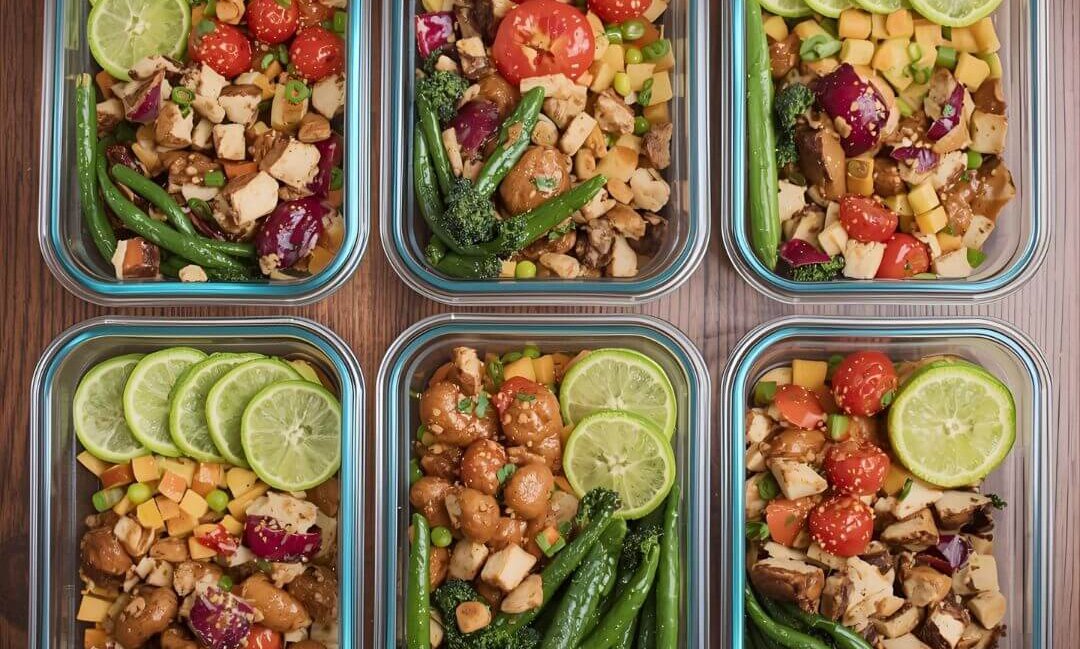 A set of organized meal prep containers filled with healthy vegetables, chicken, and fresh lime slices, showcasing Meal Prep Magic.