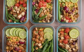 A set of organized meal prep containers filled with healthy vegetables, chicken, and fresh lime slices, showcasing Meal Prep Magic.