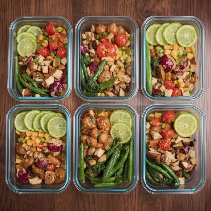 A set of organized meal prep containers filled with healthy vegetables, chicken, and fresh lime slices, showcasing Meal Prep Magic.