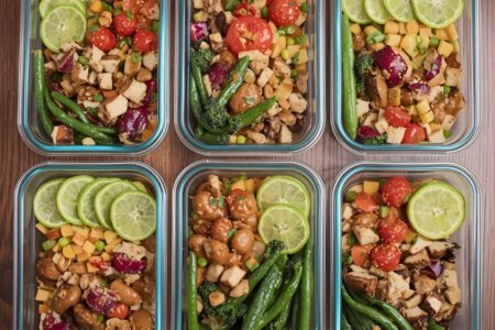 A set of organized meal prep containers filled with healthy vegetables, chicken, and fresh lime slices, showcasing Meal Prep Magic.