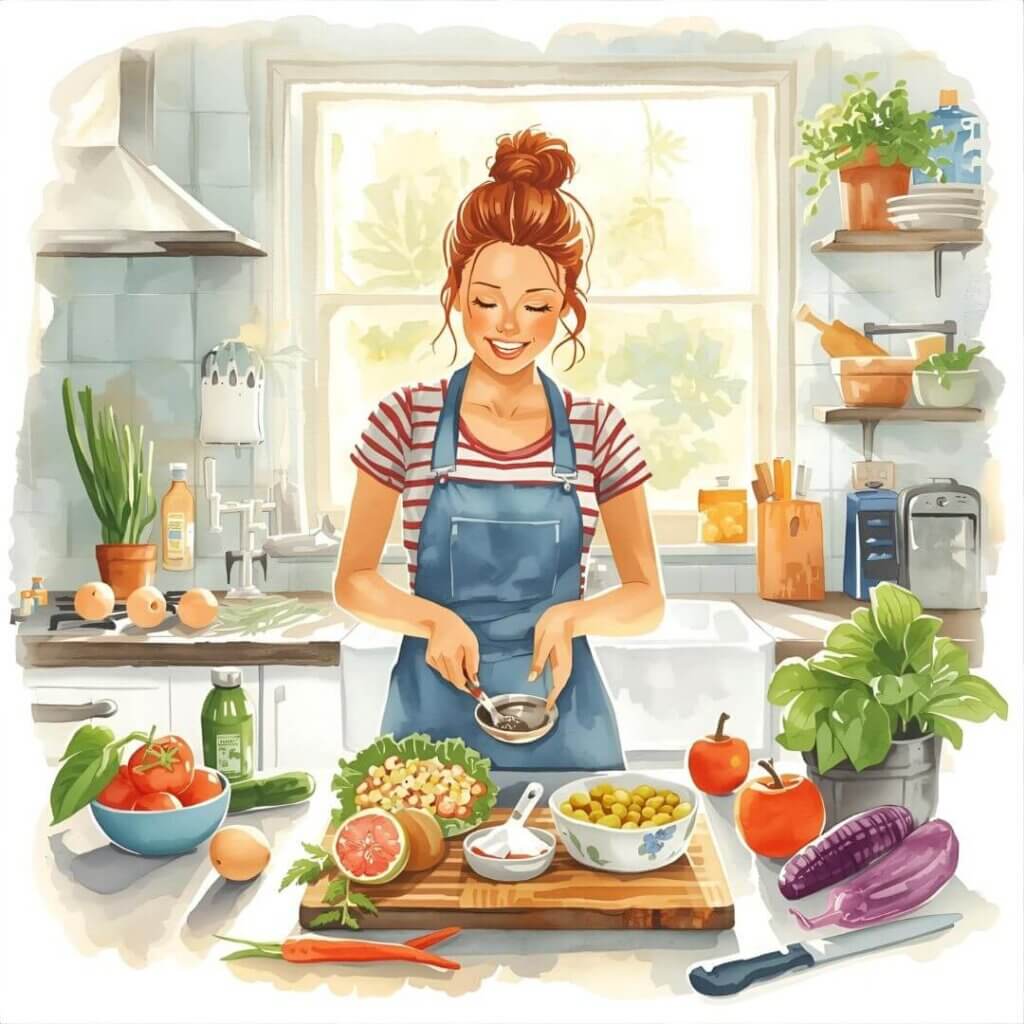 A woman happily chopping vegetables in a bright kitchen, preparing ingredients for Meal Prep Magic.