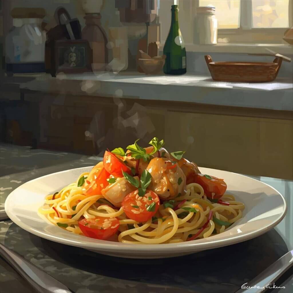 A delicious plate of spaghetti topped with fresh tomatoes and basil, showcasing Meal Prep Magic in a cozy kitchen