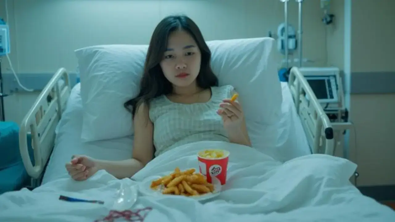 A woman enjoying fast food in a hospital bed. Discover bariatric-friendly fast food choices at YesversusNo.net.