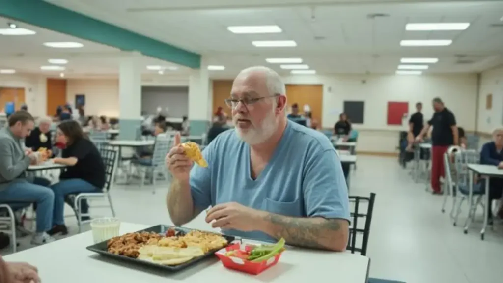 A man eating bariatric-friendly fast food in a cafeteria. Explore healthy fast food options at YesversusNo.net.