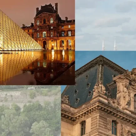 A captivating collage featuring the Louvre Museum’s iconic pyramid and architectural details, reflecting the grandeur of the Parisian Museum Louvre. Learn more on Parisian Museum Louvre vs. National Gallery at yesversusno.net.