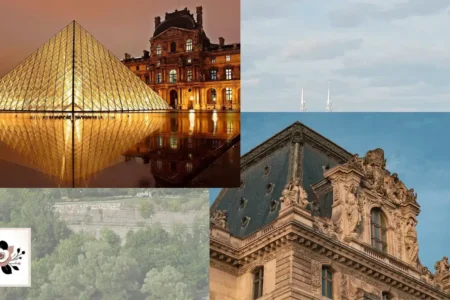 A captivating collage featuring the Louvre Museum’s iconic pyramid and architectural details, reflecting the grandeur of the Parisian Museum Louvre. Learn more on Parisian Museum Louvre vs. National Gallery at yesversusno.net.