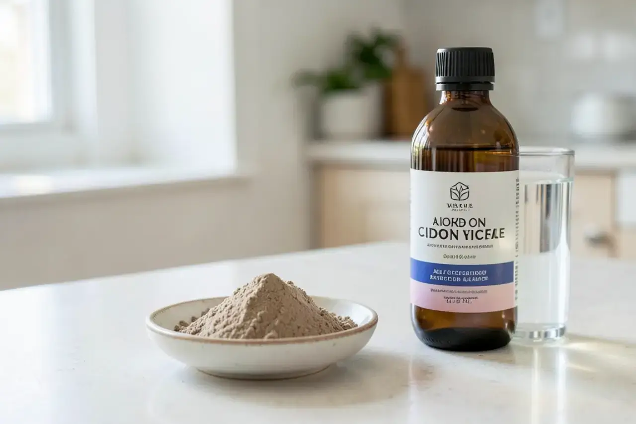 Natural ingredients for a DIY face mask – Powder and liquid for skincare treatment by yesvsno.net.