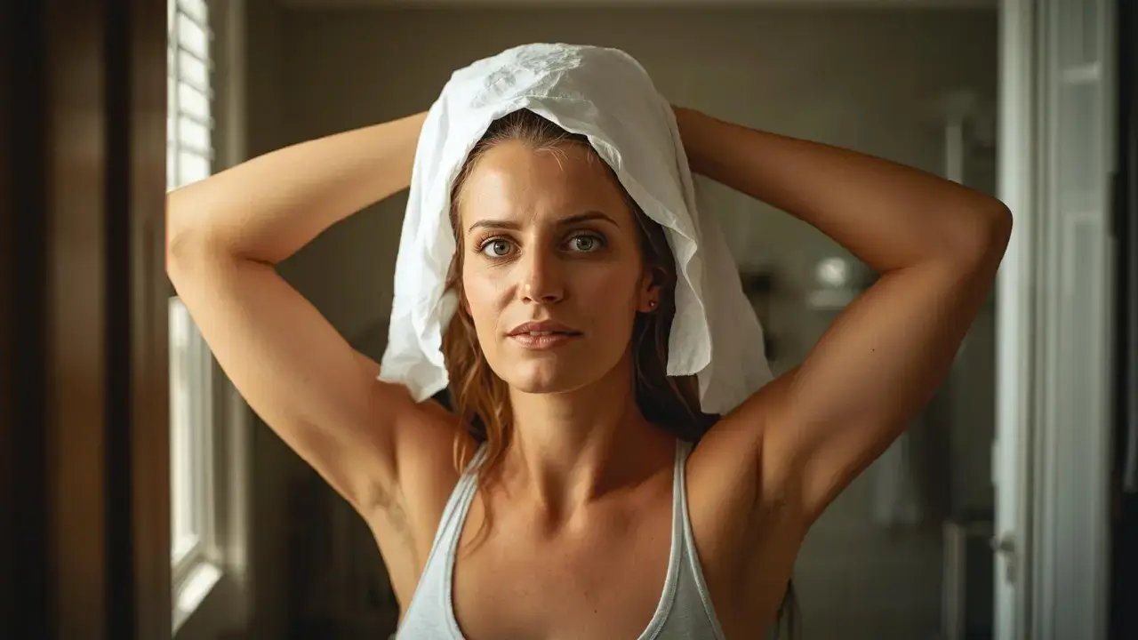 Woman wrapping her hair with a towel after a shower, a popular hair care routine. Learn about effective hair hacks for all hair types at YesVsNo.