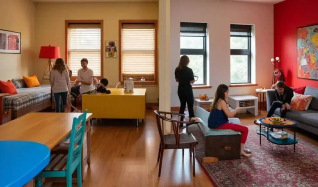 Cozy and colorful living space in a shared apartment, representing a homey Airbnb experience. Hostel or Airbnb by yesvsno.net.