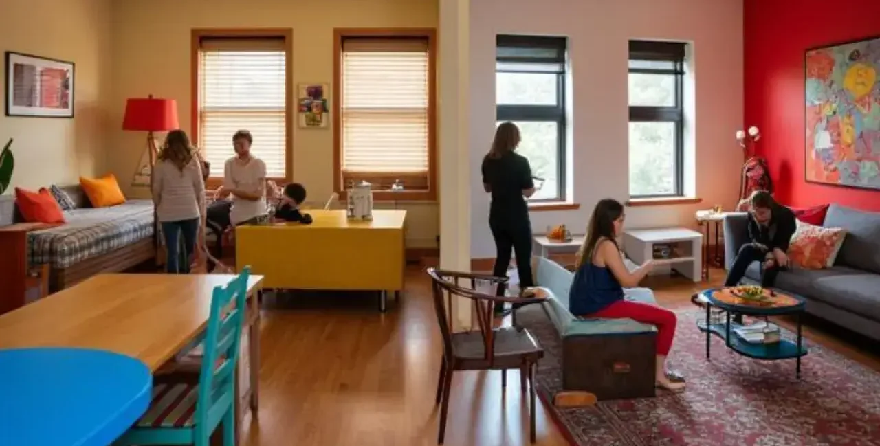 Cozy and colorful living space in a shared apartment, representing a homey Airbnb experience. Hostel or Airbnb by yesvsno.net.