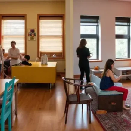 Cozy and colorful living space in a shared apartment, representing a homey Airbnb experience. Hostel or Airbnb by yesvsno.net.