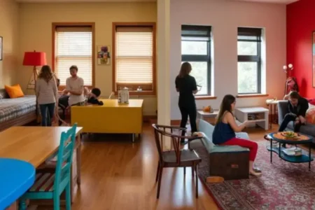 Cozy and colorful living space in a shared apartment, representing a homey Airbnb experience. Hostel or Airbnb by yesvsno.net.