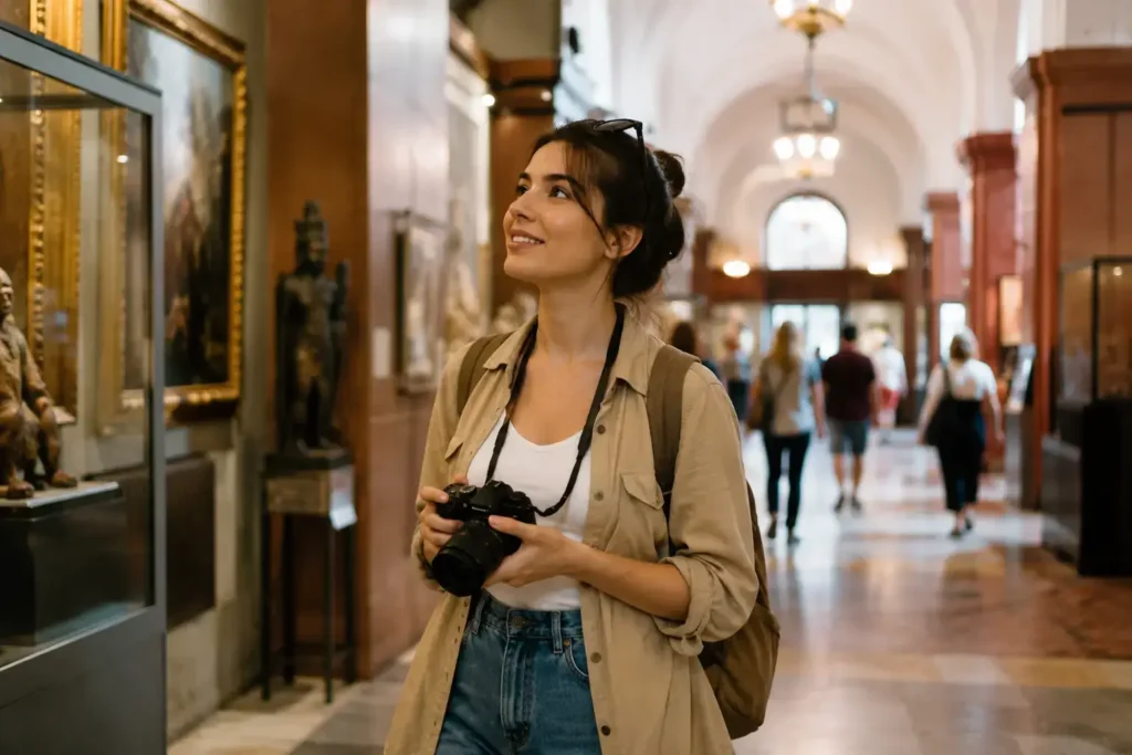 A person exploring a local museum or restaurant in their own city like a tourist, camera in hand, engaged and curious mood, generic unbranded setting.