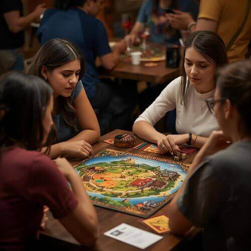 A group of people engaged in playing Forbidden Island, one of the best board games for families and cooperative gameplay. Yes