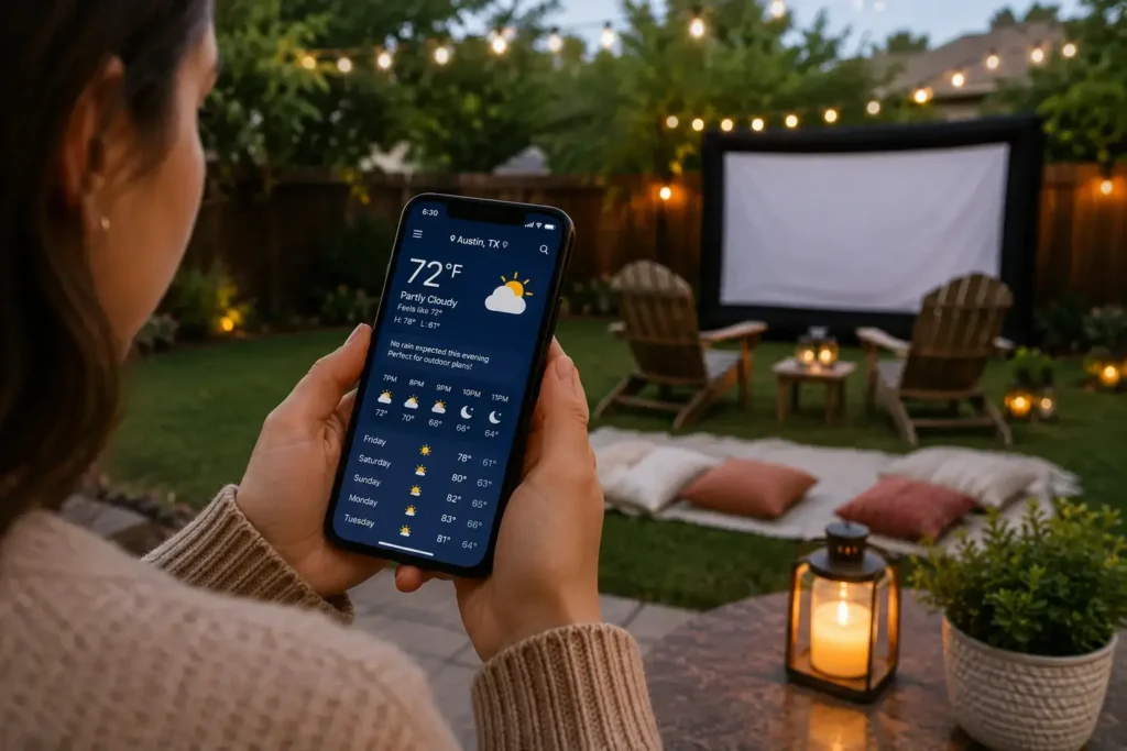 Close-up of a portable projector and small speaker set up on an outdoor table at dusk, generic unbranded equipment, practical setup shot.