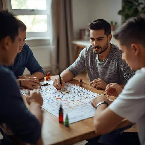 A group of friends playing a game of Telestrations, one of the best board games for parties, as they take turns drawing and guessing phrases. Yes