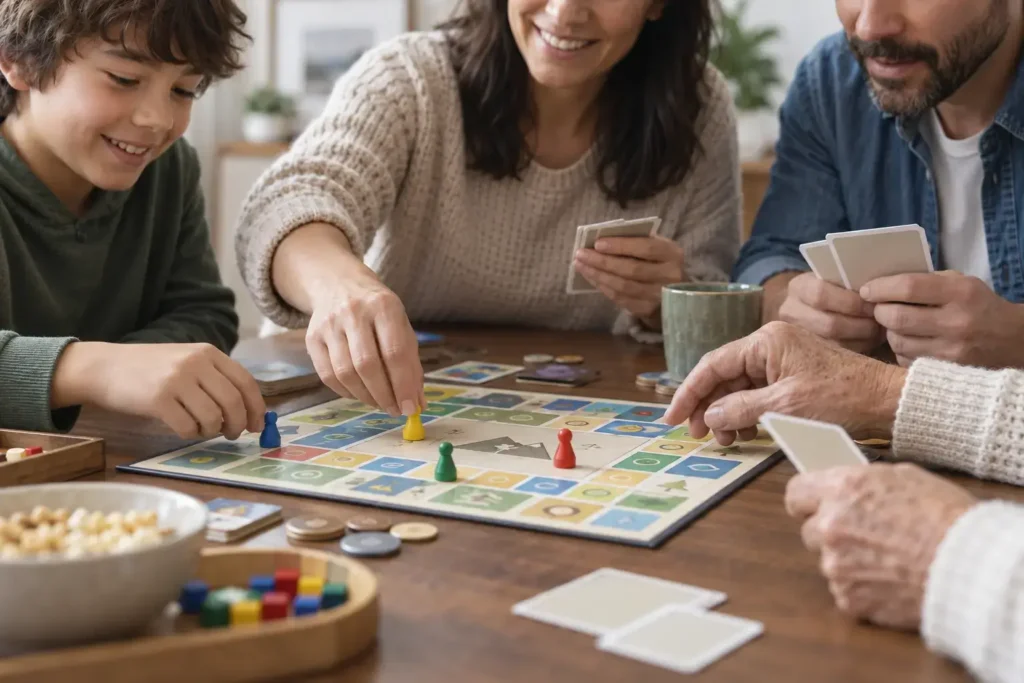 A group discussing strategy together around a table, animated conversation, generic unbranded game pieces in view, inclusive and engaged atmosphere