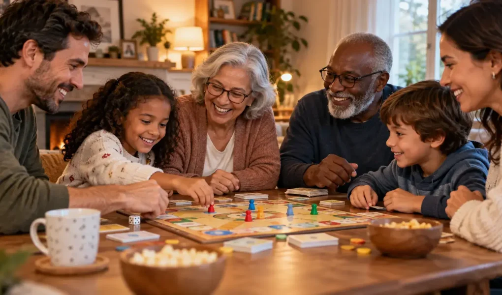 A diverse group of friends and family of different ages gathered around a table playing a generic board game together, warm collaborative mood, no identifiable game titles or branding visible.: yes or no to cooperative board games featured image.