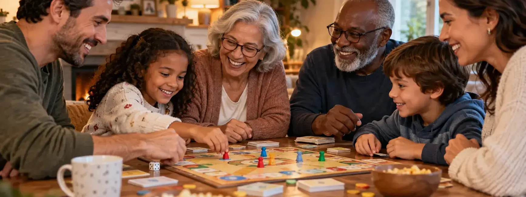 A diverse group of friends and family of different ages gathered around a table playing a generic board game together, warm collaborative mood, no identifiable game titles or branding visible.: yes or no to cooperative board games featured image.