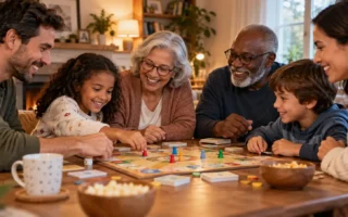 A diverse group of friends and family of different ages gathered around a table playing a generic board game together, warm collaborative mood, no identifiable game titles or branding visible.: yes or no to cooperative board games featured image.