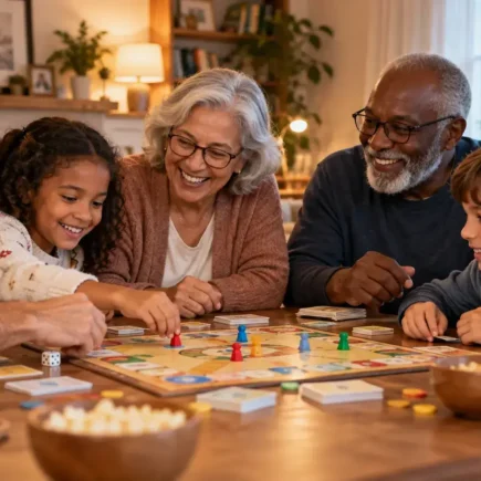 A diverse group of friends and family of different ages gathered around a table playing a generic board game together, warm collaborative mood, no identifiable game titles or branding visible.: yes or no to cooperative board games featured image.