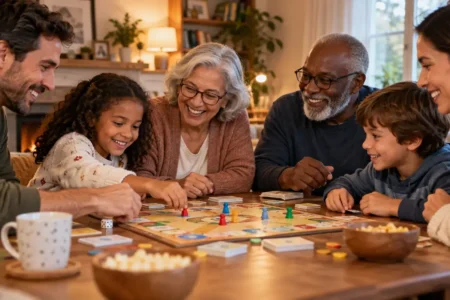 A diverse group of friends and family of different ages gathered around a table playing a generic board game together, warm collaborative mood, no identifiable game titles or branding visible.: yes or no to cooperative board games featured image.