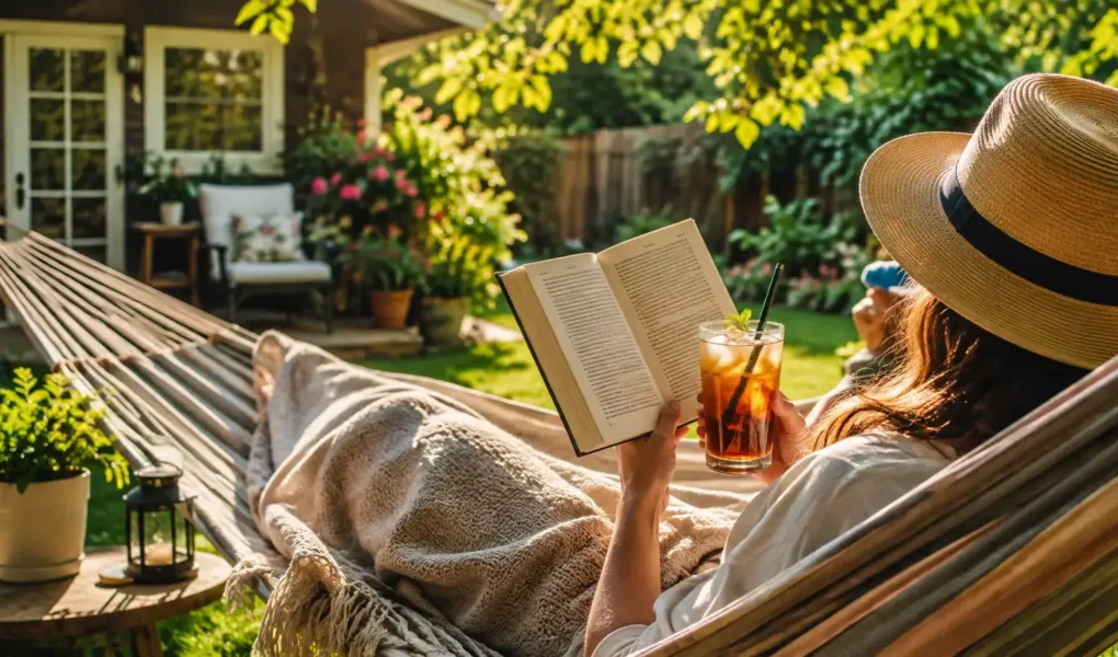 A person relaxing in a hammock or lounge chair in their own backyard with a book and iced drink, warm sunny afternoon, cozy and content mood.yes or no to taking a staycation this summer featured image.