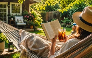 A person relaxing in a hammock or lounge chair in their own backyard with a book and iced drink, warm sunny afternoon, cozy and content mood.yes or no to taking a staycation this summer featured image.