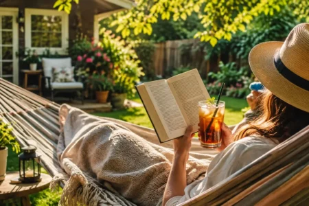 A person relaxing in a hammock or lounge chair in their own backyard with a book and iced drink, warm sunny afternoon, cozy and content mood.yes or no to taking a staycation this summer featured image.