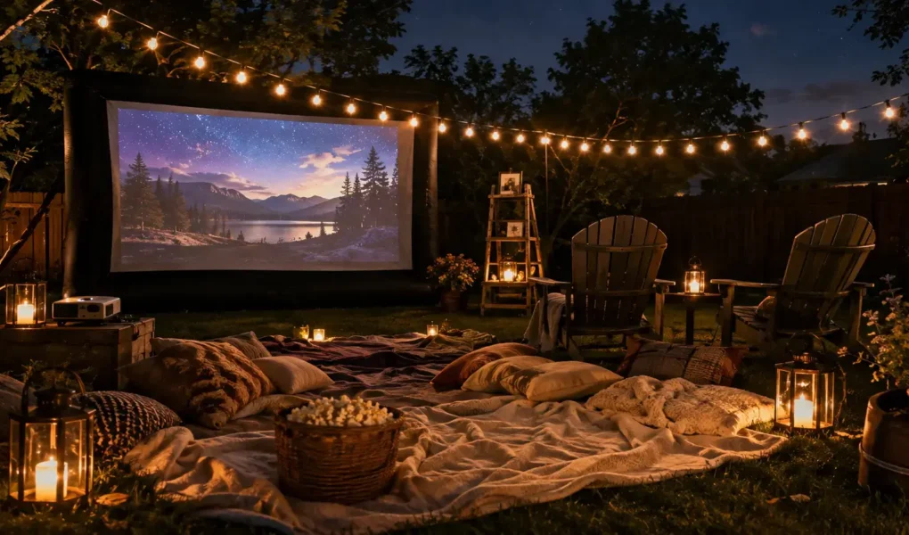 A backyard set up for an outdoor movie night with a projector screen glowing against a dark sky, string lights, blankets, and lawn chairs, warm inviting evening mood.yes or no to outdoor movie nights featured image.