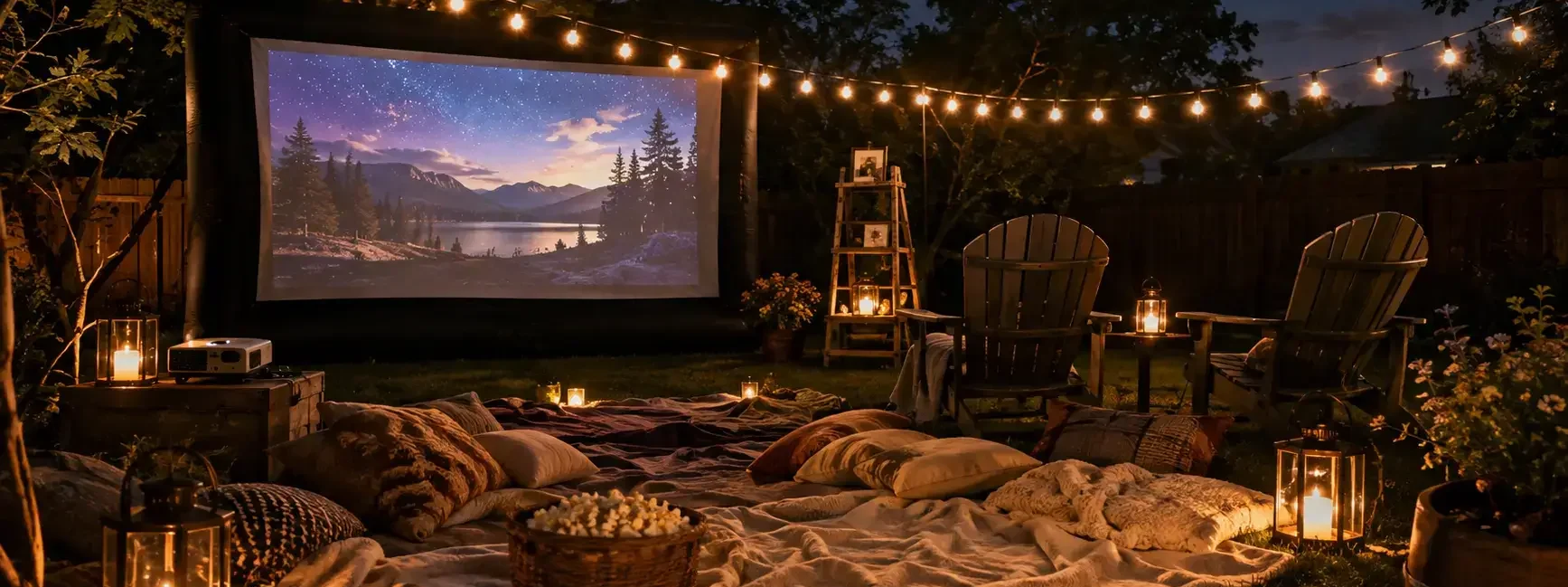 A backyard set up for an outdoor movie night with a projector screen glowing against a dark sky, string lights, blankets, and lawn chairs, warm inviting evening mood.yes or no to outdoor movie nights featured image.