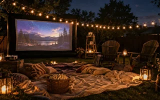 A backyard set up for an outdoor movie night with a projector screen glowing against a dark sky, string lights, blankets, and lawn chairs, warm inviting evening mood.yes or no to outdoor movie nights featured image.