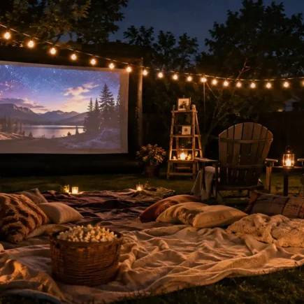 A backyard set up for an outdoor movie night with a projector screen glowing against a dark sky, string lights, blankets, and lawn chairs, warm inviting evening mood.yes or no to outdoor movie nights featured image.