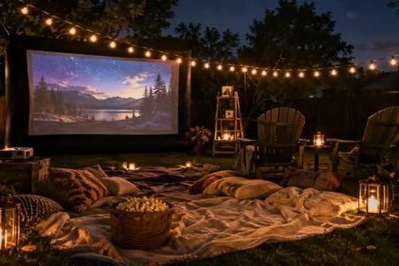 A backyard set up for an outdoor movie night with a projector screen glowing against a dark sky, string lights, blankets, and lawn chairs, warm inviting evening mood.yes or no to outdoor movie nights featured image.