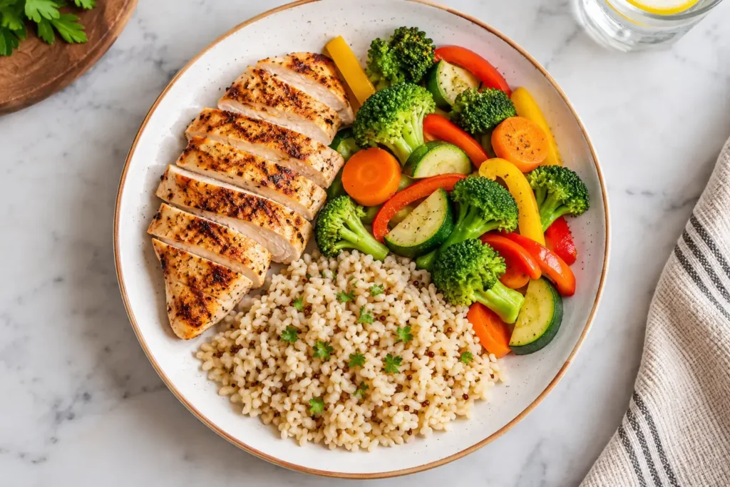 A clean, simple visual of a dinner plate divided into portion sections, protein, vegetables, and grains, overhead shot, no identifiable branding or text overlays.
