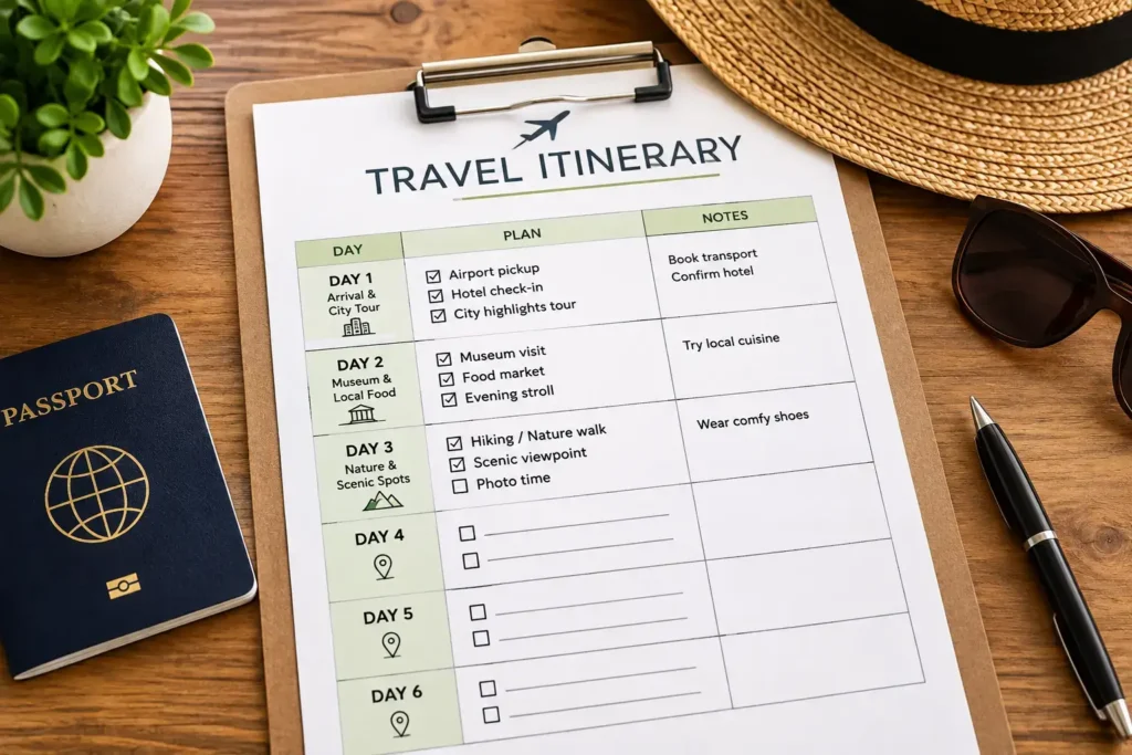 A simple travel itinerary document with some days fully scheduled and others left visibly blank, clean minimal styling, no identifiable destination.