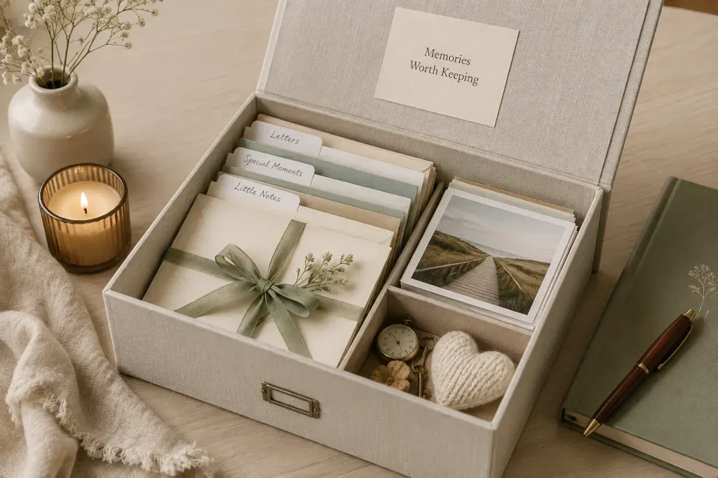 A neatly organized memory box with a few carefully arranged keepsakes, labeled and tidy, calm and intentional styling.