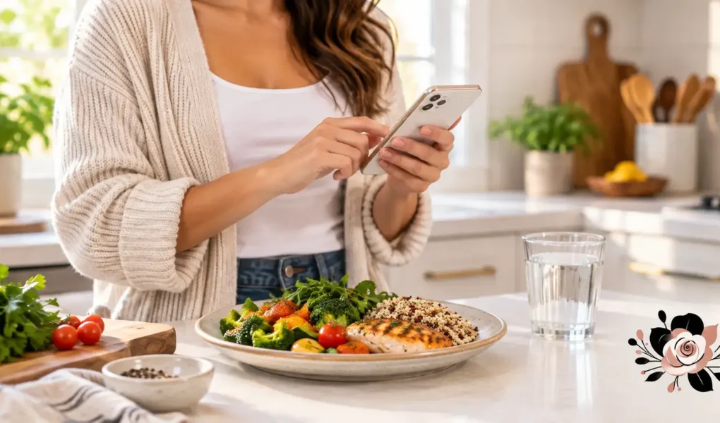A person logging a meal into a phone app at a kitchen counter with a plate of balanced food nearby, natural light, realistic and relatable, no identifiable branding or app logos.yes or no to counting calories for a balanced diet featured image.