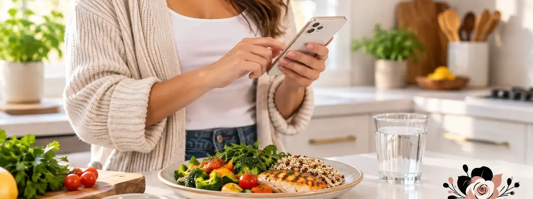 A person logging a meal into a phone app at a kitchen counter with a plate of balanced food nearby, natural light, realistic and relatable, no identifiable branding or app logos.yes or no to counting calories for a balanced diet featured image.