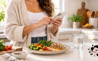 A person logging a meal into a phone app at a kitchen counter with a plate of balanced food nearby, natural light, realistic and relatable, no identifiable branding or app logos.yes or no to counting calories for a balanced diet featured image.