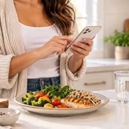 A person logging a meal into a phone app at a kitchen counter with a plate of balanced food nearby, natural light, realistic and relatable, no identifiable branding or app logos.yes or no to counting calories for a balanced diet featured image.
