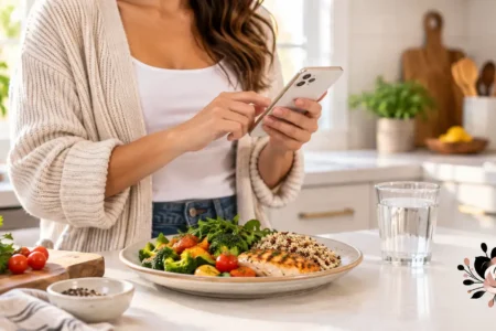 A person logging a meal into a phone app at a kitchen counter with a plate of balanced food nearby, natural light, realistic and relatable, no identifiable branding or app logos.yes or no to counting calories for a balanced diet featured image.