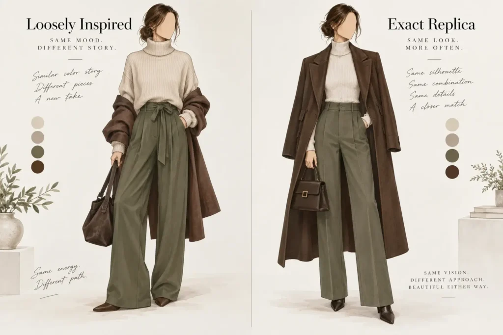 A simple side-by-side illustration contrasting a loosely inspired outfit versus an exact-replica outfit concept, clean editorial styling, no identifiable real person depicted.