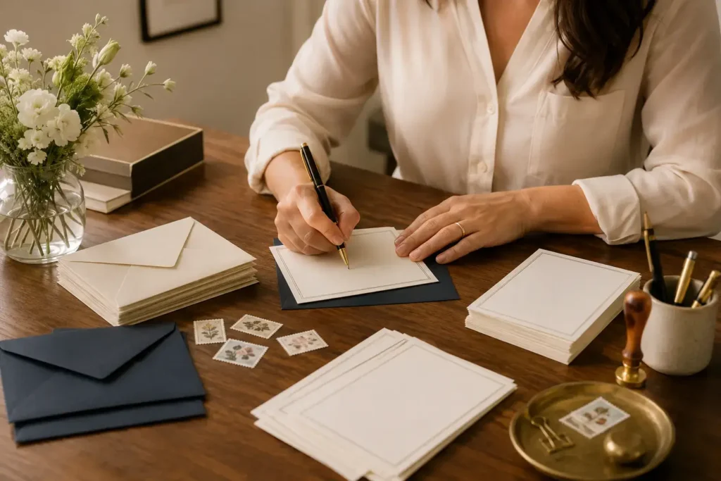 A person writing out formal invitations at a desk, envelopes and stamps nearby, organized and thoughtful mood, generic styling.
