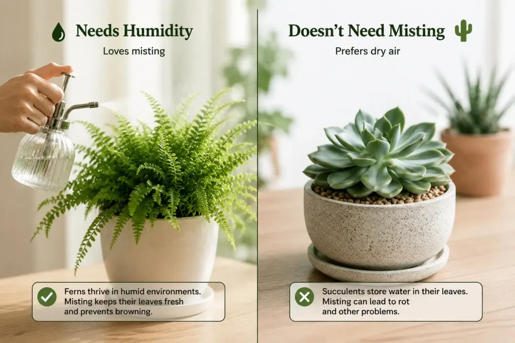 Side-by-side comparison of a humidity-loving fern being misted and a succulent styled apart as not needing misting, clean editorial plant photography.