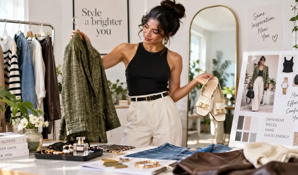 A person putting together an outfit inspired by a fashion magazine tear sheet, mixing pieces confidently, bright and creative mood, no identifiable real person or publication visible.yes or no to copying a celebrity's style featured image.