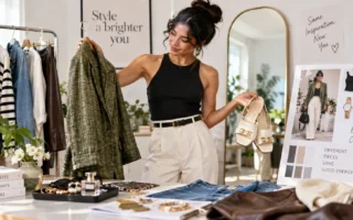 A person putting together an outfit inspired by a fashion magazine tear sheet, mixing pieces confidently, bright and creative mood, no identifiable real person or publication visible.yes or no to copying a celebrity's style featured image.