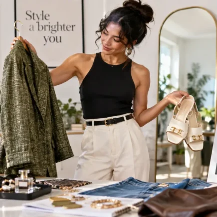 A person putting together an outfit inspired by a fashion magazine tear sheet, mixing pieces confidently, bright and creative mood, no identifiable real person or publication visible.yes or no to copying a celebrity's style featured image.