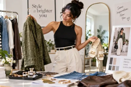 A person putting together an outfit inspired by a fashion magazine tear sheet, mixing pieces confidently, bright and creative mood, no identifiable real person or publication visible.yes or no to copying a celebrity's style featured image.